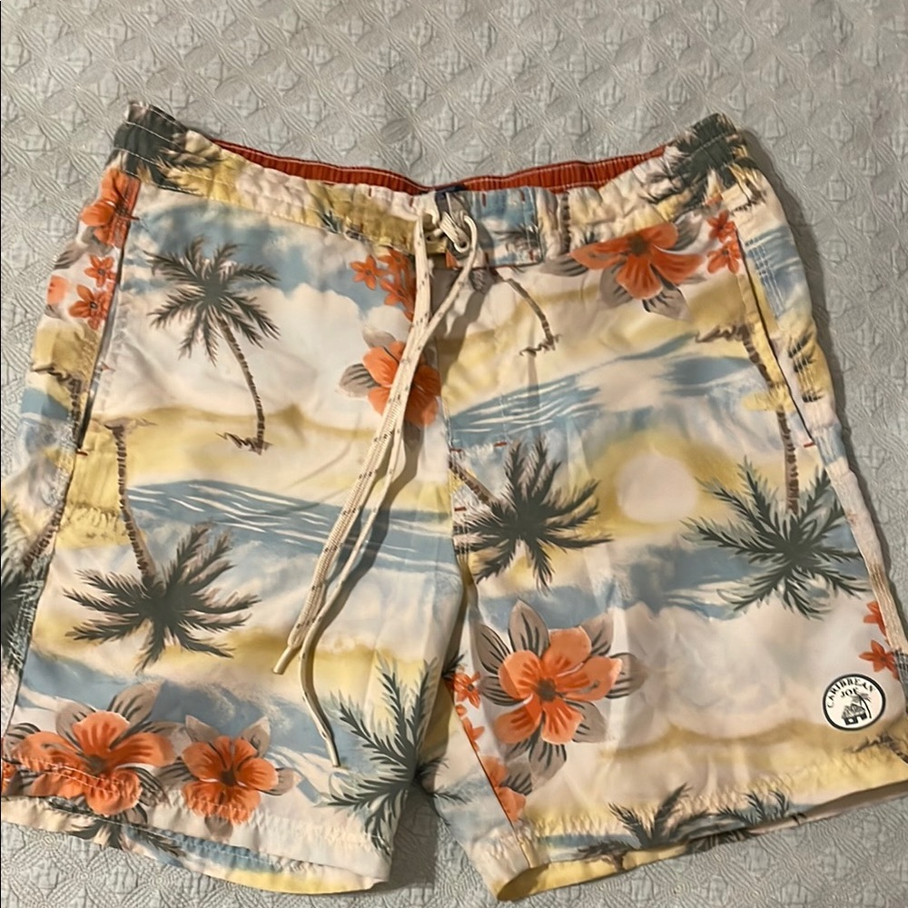 Caribbean Joe Orange and Blue Swim Trunks with Tropical Flair